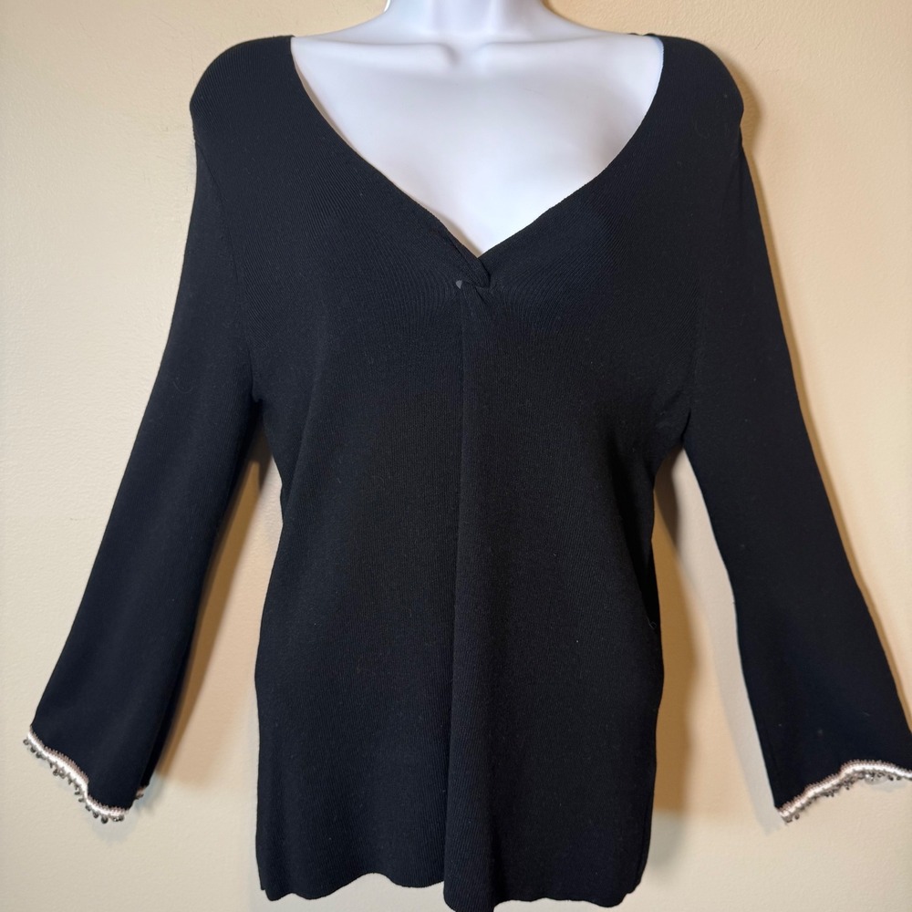 Sigrid Olsen Collection Black V Neck Knit Top Beaded Trim 3/4 Sleeve Women M‎